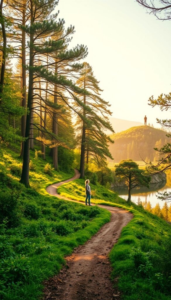 A serene landscape unfolds, capturing the essence of a personal growth journey. In the foreground, a winding path leads through a lush, verdant forest, symbolizing the twists and turns of self-discovery. Towering, sun-dappled trees frame the scene, their branches reaching skyward, mirroring the upward trajectory of inner transformation. In the middle ground, a tranquil lake reflects the sky, its mirrored surface a metaphor for the introspection and clarity gained along the way. Atop a nearby hillock, a solitary figure stands in contemplation, gazing out at the expansive vista, embodying the sense of personal empowerment and enlightenment. Warm, golden light bathes the entire scene, imbuing it with a sense of hope, growth, and the profound beauty of the human journey.