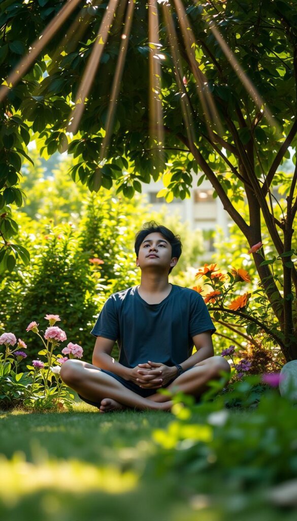 A serene, sunlit garden serves as the backdrop, lush with thriving greenery and blooming flowers. In the foreground, a person sits cross-legged, deep in contemplation, their face radiating a sense of focus and inner growth. Rays of light filter through the leaves, casting a warm, inviting glow. The scene conveys a feeling of personal transformation, where the individual's mindset has blossomed and adapted to new challenges, like a seed taking root and flourishing. The composition is balanced, with a sense of harmony and progression, mirroring the scientific principles of change and adaptability.