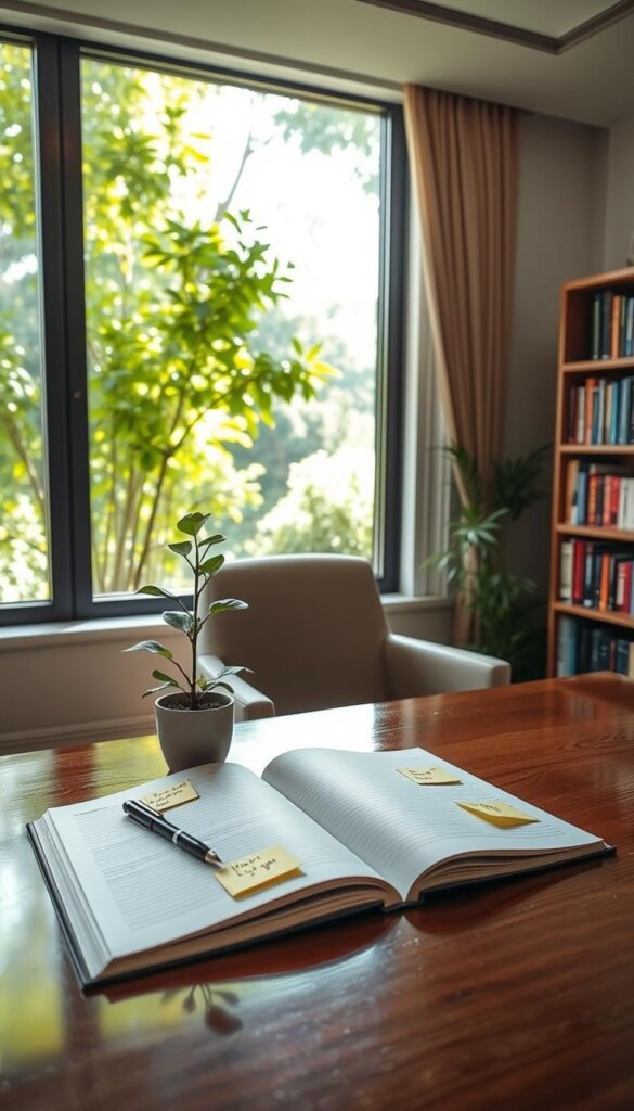 A serene, well-lit office setting, with a large window overlooking a lush, verdant garden. In the foreground, a polished wooden desk holds an open notebook, a pen, and a potted plant symbolizing growth. On the desk, a few strategically placed sticky notes provide practical tips and reminders. The middle ground features a comfortable chair and a bookshelf filled with inspiring self-improvement titles. The background depicts a tranquil outdoor scene, with sunlight filtering through the leaves, creating a sense of harmony and balance. The overall atmosphere conveys a mindful, introspective mood, encouraging the viewer to reflect on personal growth and the integration of mindset training into their daily life.