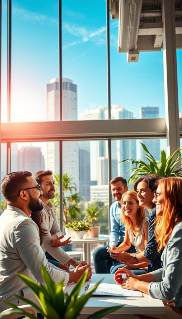 A vibrant, sun-drenched scene of a thriving workplace. In the foreground, a group of diverse employees engaged in a collaborative discussion, their faces lit with enthusiasm. The middle ground showcases a modern, open-concept office space, with sleek furniture, natural light filtering through large windows, and potted plants adding a touch of life. In the background, a skyline of gleaming skyscrapers reflects the success and growth of the organization. The overall atmosphere exudes a sense of energy, positivity, and a culture of wellbeing, where employees feel empowered, supported, and fulfilled in their roles.